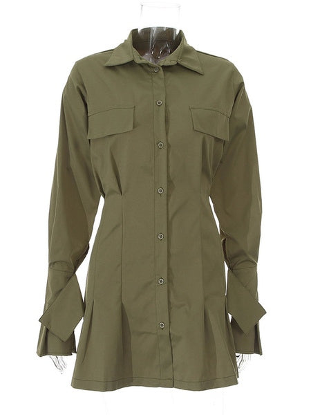 Shift Dresses Turndown Collar Buttons Long Sleeves Polyester Layered Midi Shirt Dresses