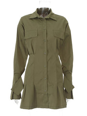 Shift Dresses Turndown Collar Buttons Long Sleeves Polyester Layered Midi Shirt Dresses