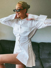Shift Dresses Turndown Collar Buttons Long Sleeves Polyester Layered Midi Shirt Dresses