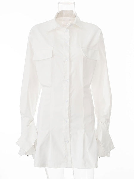 Shift Dresses Turndown Collar Buttons Long Sleeves Polyester Layered Midi Shirt Dresses