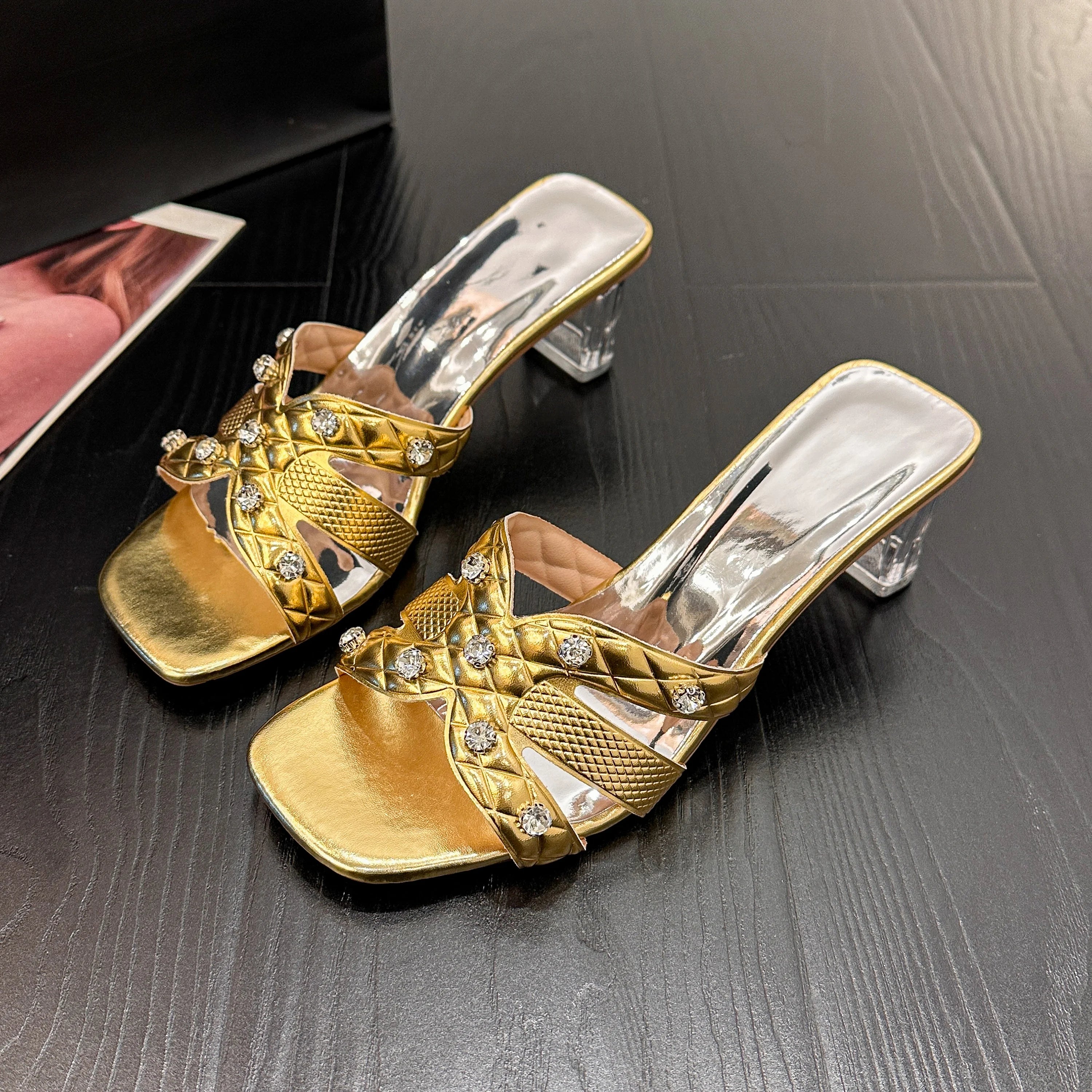 Shiny Crystal Chain Chunky Heel