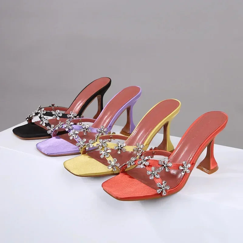 Shiny Crystal Flowers Decorative Sandals Elegant High Heel