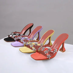 Shiny Crystal Flowers Decorative Sandals Elegant High Heel