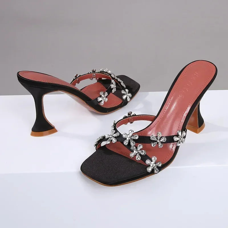 Shiny Crystal Flowers Decorative Sandals Elegant High Heel
