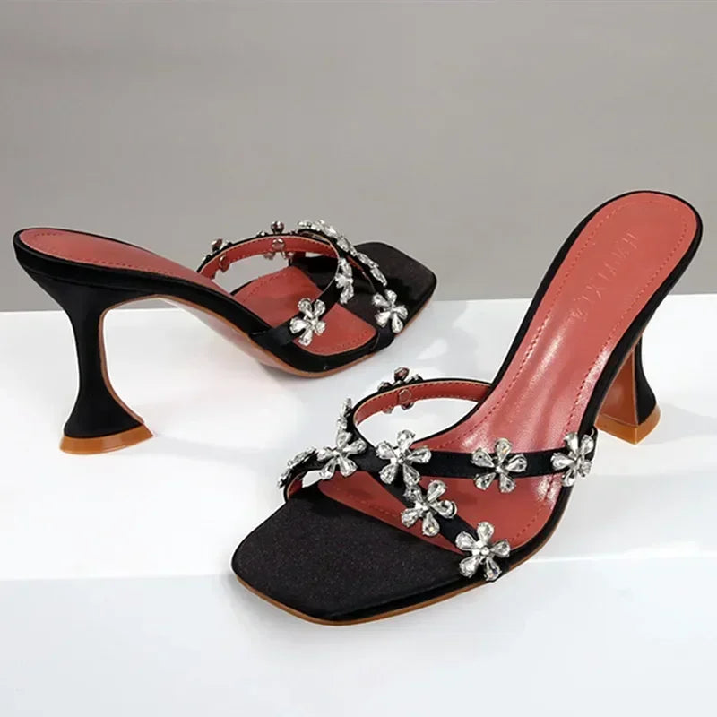 Shiny Crystal Flowers Decorative Sandals Elegant High Heel