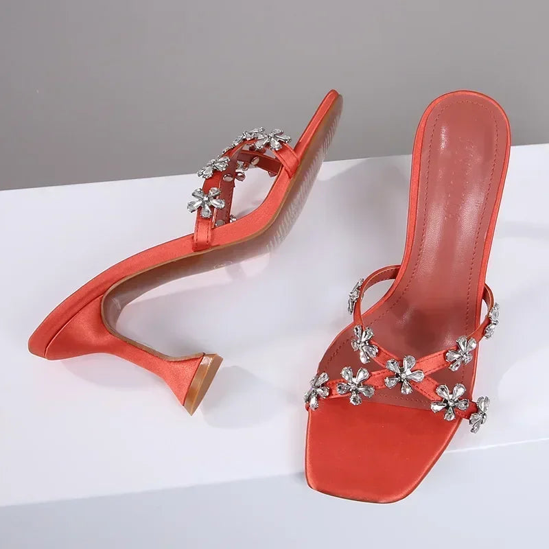 Shiny Crystal Flowers Decorative Sandals Elegant High Heel
