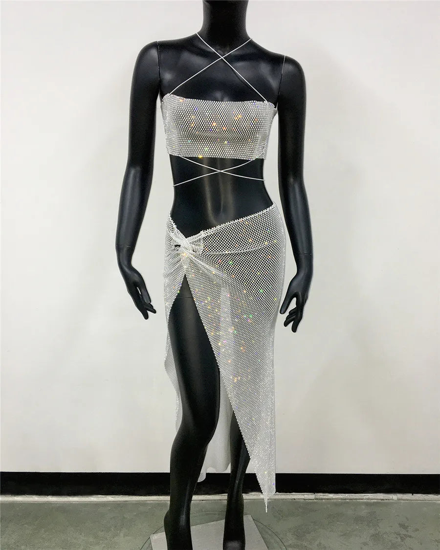 Shiny Diamonds Backless See Through Fishnet Camisole With Hollow Side Split Long Skirt 2 Piece Set