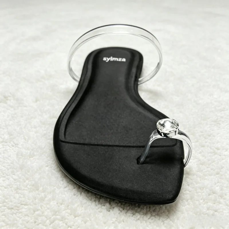 Shiny Rhinestone Decorated Flat Sandals Transparent PVC Clip Toe Flip Flops Light Comfortable Shoes
