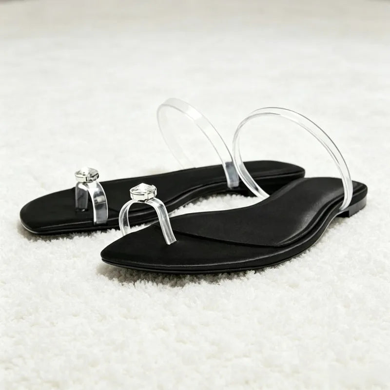 Shiny Rhinestone Decorated Flat Sandals Transparent PVC Clip Toe Flip Flops Light Comfortable Shoes