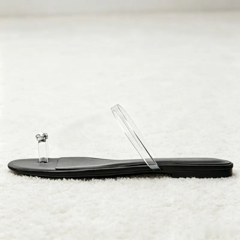 Shiny Rhinestone Decorated Flat Sandals Transparent PVC Clip Toe Flip Flops Light Comfortable Shoes