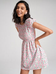 Shirred Criss-cross Open Back Tie Floral Print Pocket Dress