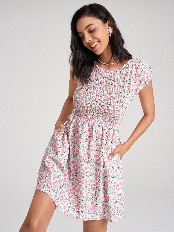 Shirred Criss-cross Open Back Tie Floral Print Pocket Dress
