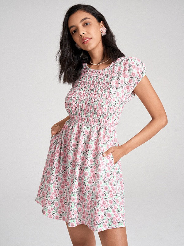 Shirred Criss-cross Open Back Tie Floral Print Pocket Dress