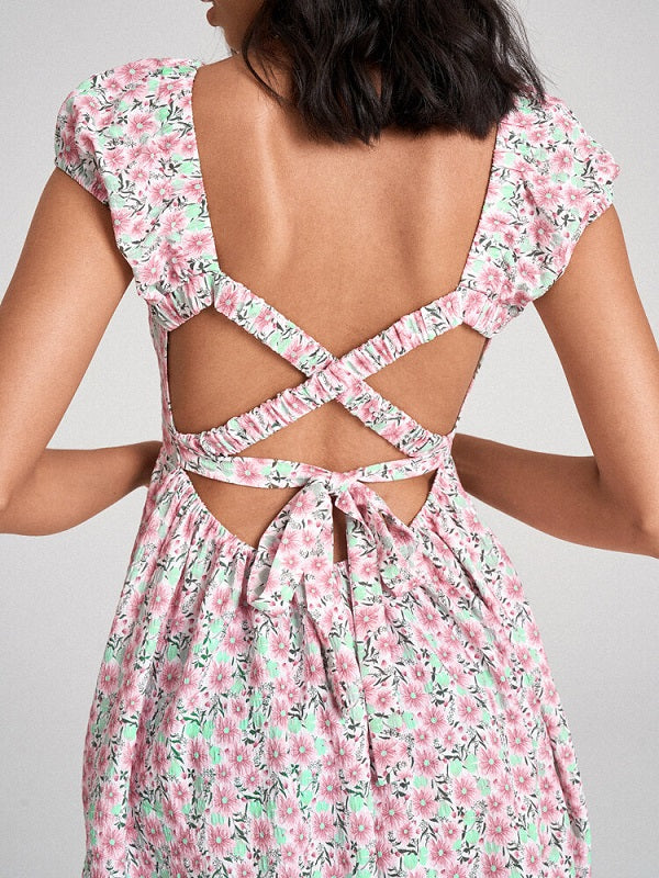 Shirred Criss-cross Open Back Tie Floral Print Pocket Dress