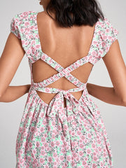 Shirred Criss-cross Open Back Tie Floral Print Pocket Dress
