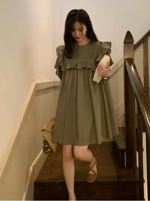 Short Petal Sleeve O-Neck Ruffles Patchwork Pleated Pregnancy Maternity Mini Dress