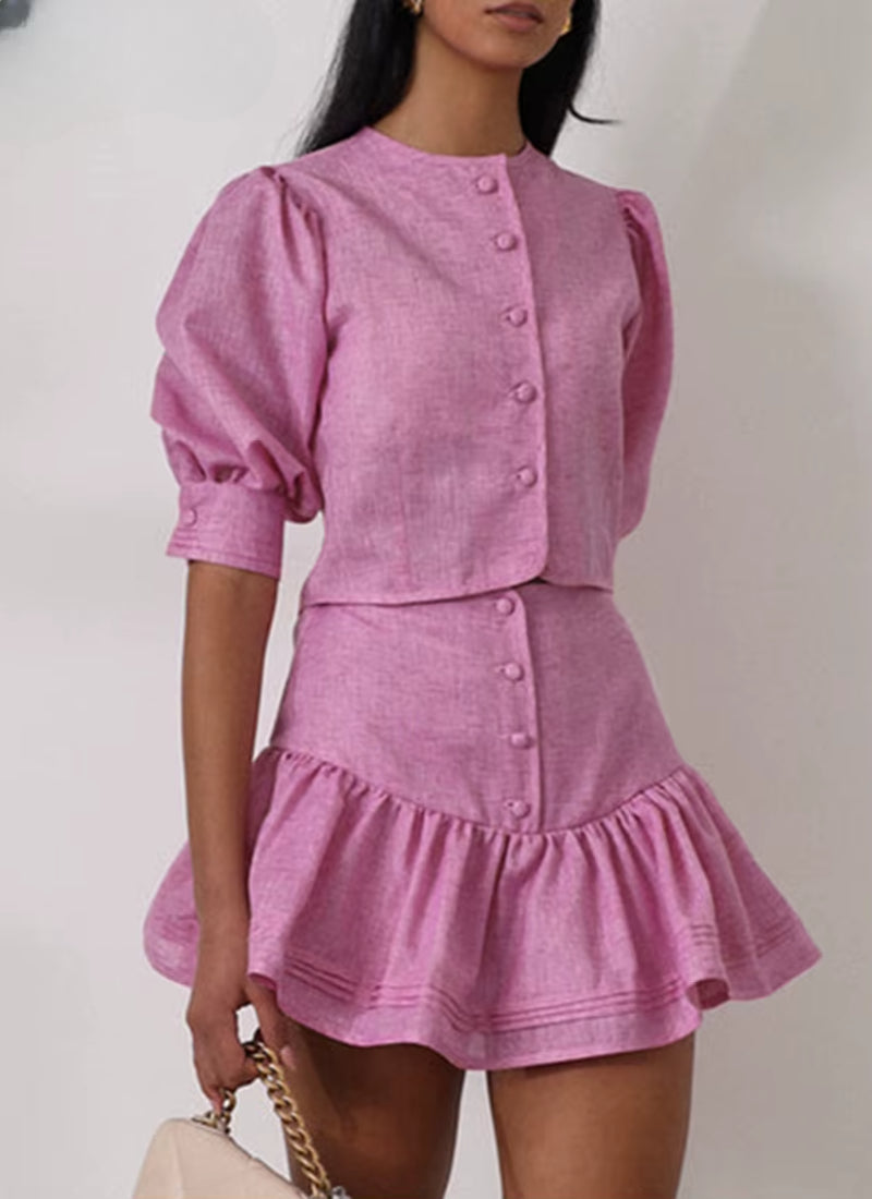 Short Sleeve Crop Top With High Waist Slim Cotton 2 Piece  Mini Skirt Set