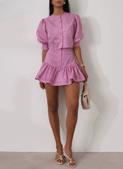 Short Sleeve Crop Top With High Waist Slim Cotton 2 Piece  Mini Skirt Set