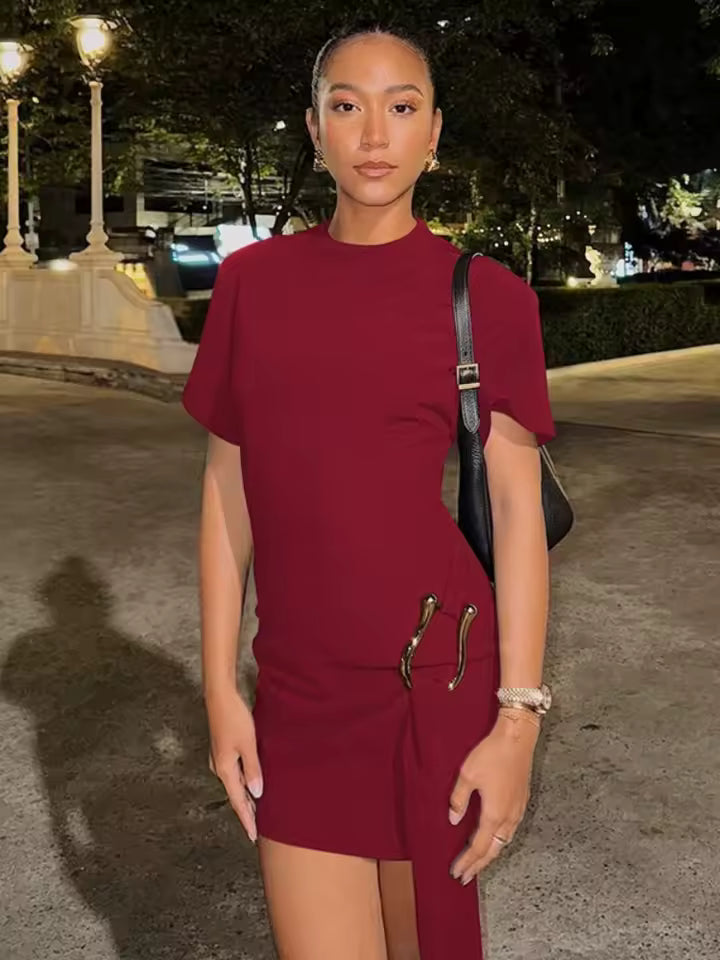 Short Sleeve Draped Metal Buckle O Neck High Waist Bodycon Club Dress