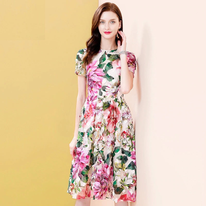 Short Sleeve Floral Print Appliques Runway Midi Dress