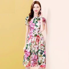 Short Sleeve Floral Print Appliques Runway Midi Dress