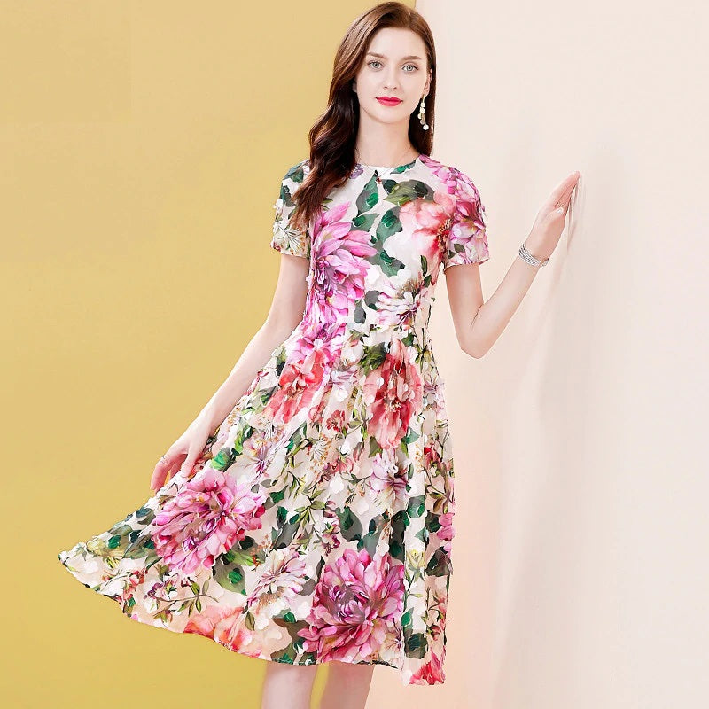 Short Sleeve Floral Print Appliques Runway Midi Dress