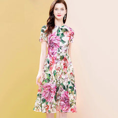 Short Sleeve Floral Print Appliques Runway Midi Dress