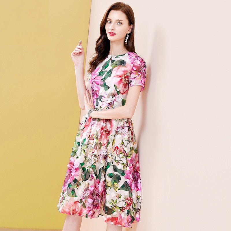 Short Sleeve Floral Print Appliques Runway Midi Dress