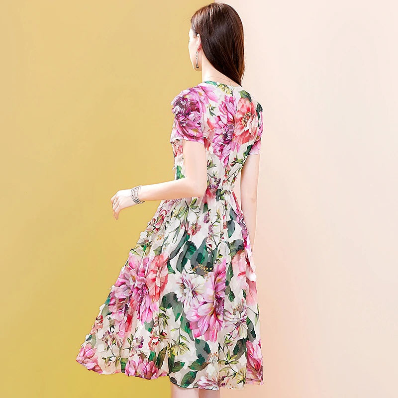 Short Sleeve Floral Print Appliques Runway Midi Dress