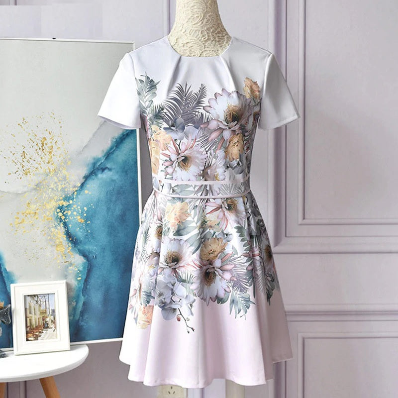 Short Sleeve Flower Print High Waist Short Dress