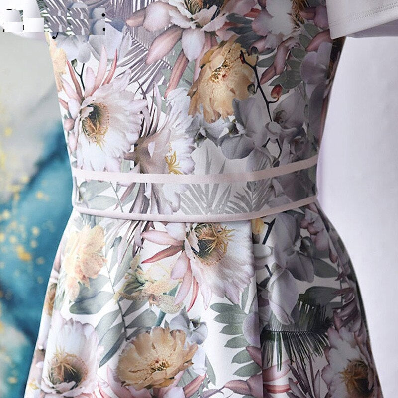 Short Sleeve Flower Print High Waist Short Dress