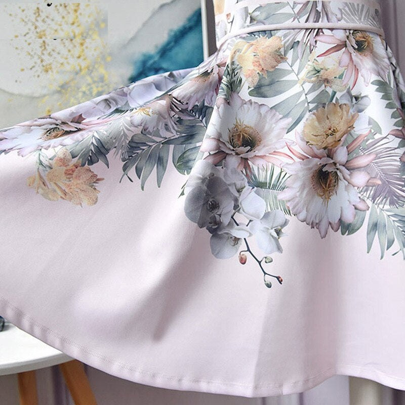 Short Sleeve Flower Print High Waist Short Dress