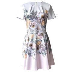 Short Sleeve Flower Print High Waist Short Dress