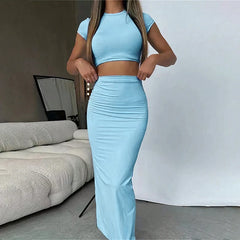 Short Sleeve O-Neck Crop Top High Waist Skirt Solid Suit Two Piece Set