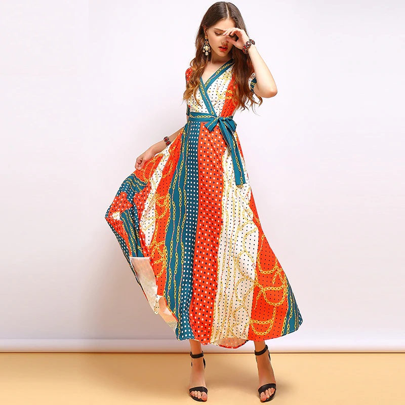Short Sleeve V-Neck Bow Tie Dot Printed Elegant Party Long Dress