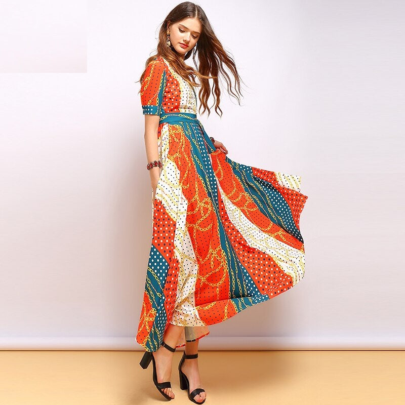 Short Sleeve V-Neck Bow Tie Dot Printed Elegant Party Long Dress