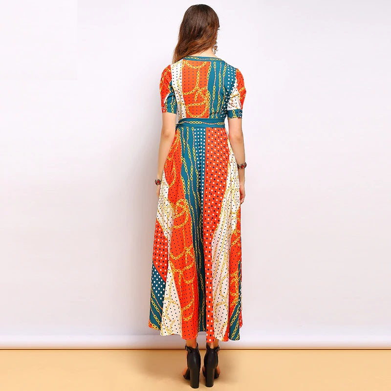 Short Sleeve V-Neck Bow Tie Dot Printed Elegant Party Long Dress