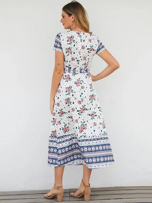 Short Sleeve V-neck Floral Print Maxi Dress