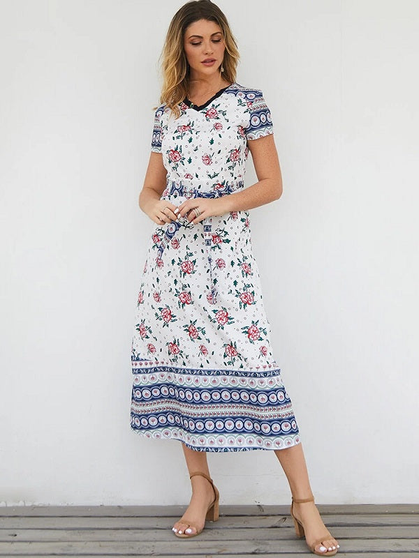 Short Sleeve V-neck Floral Print Maxi Dress