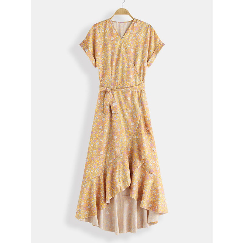 Short Sleeve V-neck High Low Hem Bandage Print Maxi Dress