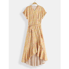 Short Sleeve V-neck High Low Hem Bandage Print Maxi Dress