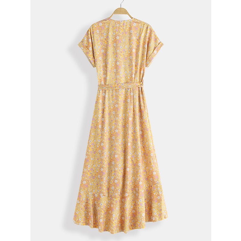 Short Sleeve V-neck High Low Hem Bandage Print Maxi Dress