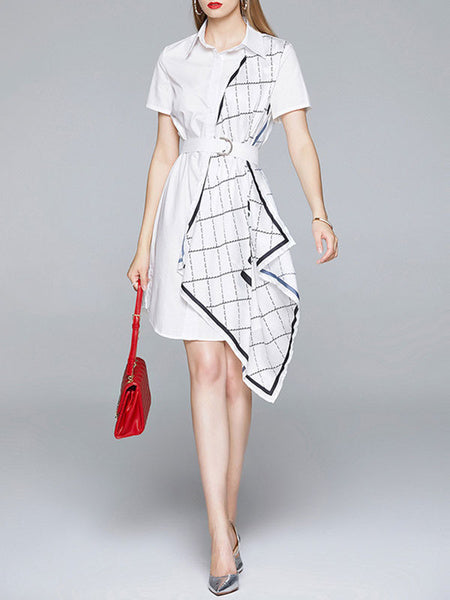 Short Sleeves Checkerboard Pattern Turndown Collar Asymmetrical Cotton Irregualr Hem Dress