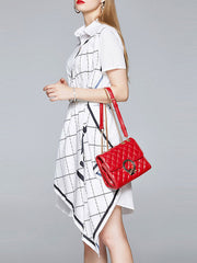 Short Sleeves Checkerboard Pattern Turndown Collar Asymmetrical Cotton Irregualr Hem Dress