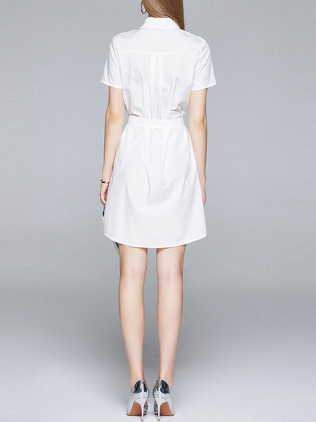 Short Sleeves Checkerboard Pattern Turndown Collar Asymmetrical Cotton Irregualr Hem Dress