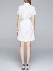 Short Sleeves Checkerboard Pattern Turndown Collar Asymmetrical Cotton Irregualr Hem Dress