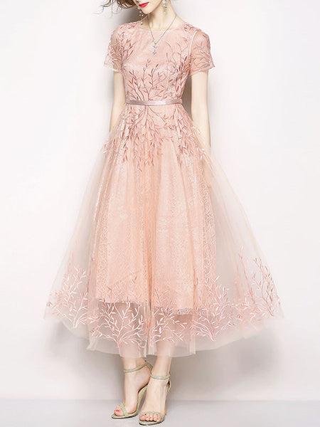 Short Sleeves Floral Print Jewel Neck Embroidered Layered Tulle Long Maxi Dress