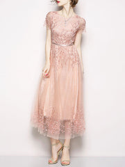 Short Sleeves Floral Print Jewel Neck Embroidered Layered Tulle Long Maxi Dress