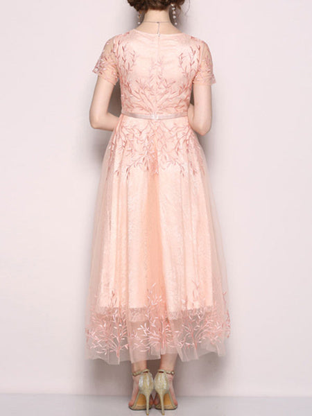 Short Sleeves Floral Print Jewel Neck Embroidered Layered Tulle Long Maxi Dress