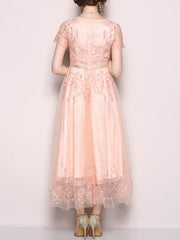 Short Sleeves Floral Print Jewel Neck Embroidered Layered Tulle Long Maxi Dress